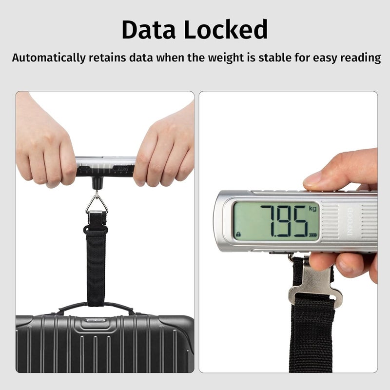 INFOOD Battery-Free Digital Luggage Scale, Suitcase Scale for Travel, Portable Luggage Weight Scale with Hook & LCD Display for Luggages, Packages & Bags, 110lb/50kg Handheld Scale, Silver - Image 5